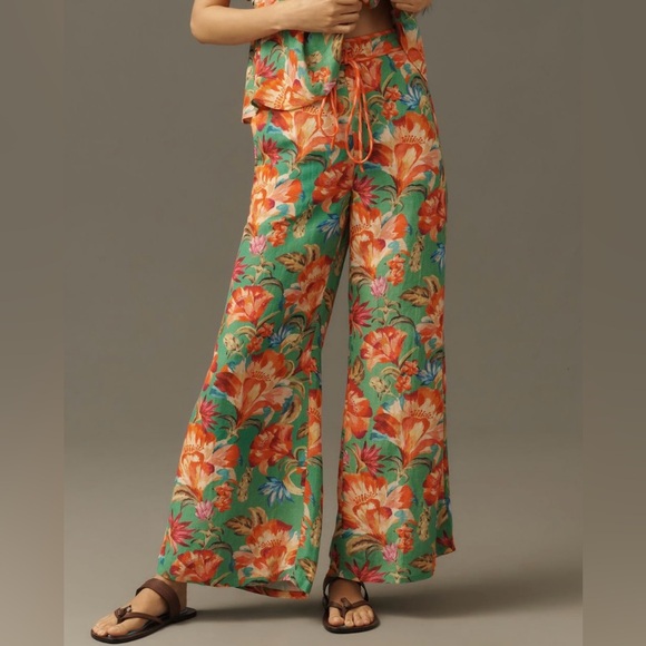 Farm Rio Tie-Front Linen Blend Floral Wide-Leg Pants - Picture 2 of 16